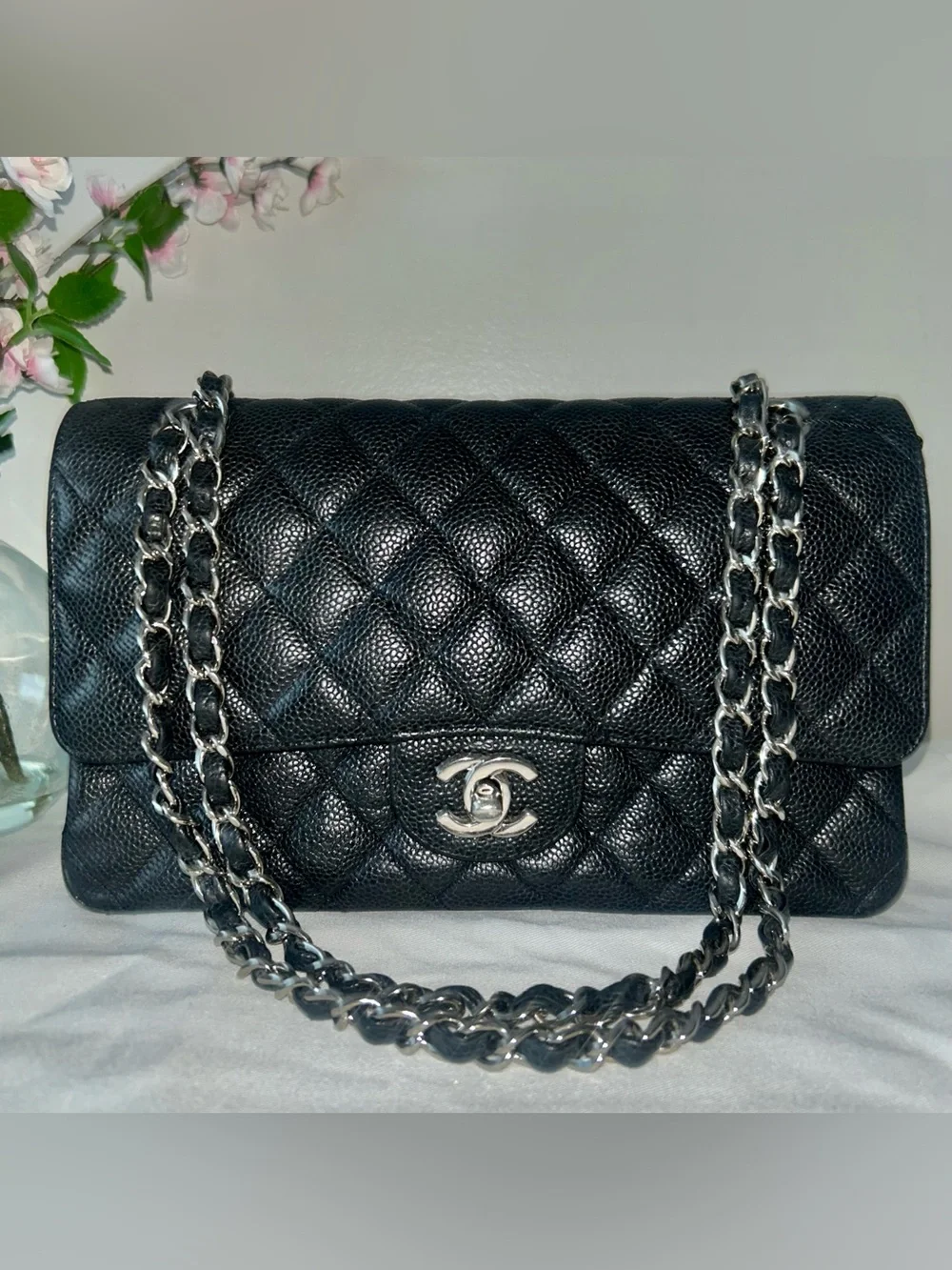 CHANEL Medium Classic Double Flap Caviar Leather Quilted Handbag Black